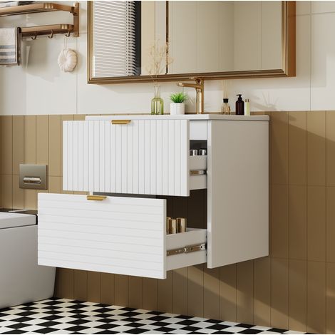 Mobile lavabo sospeso 61x46x57 cm con lavabo in ceramica e 2 cassetti, bianco DESVIAE (1/5)