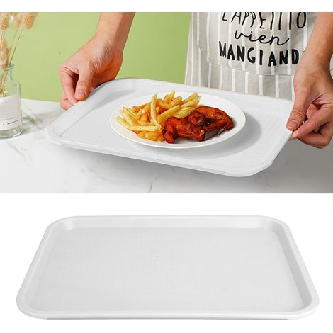 Plateau rectangulaire moyen en plastique résistant aux chutes, épais et antidérapant, idéal pour la restauration rapide chinoise, les cantines, les restaurants et les repas d'affaires. Blanc. (1/5)
