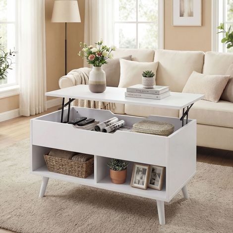 Table basse avec plateau relevable et rangement dissimulé. 75 cm, blanc perforé (1/5)