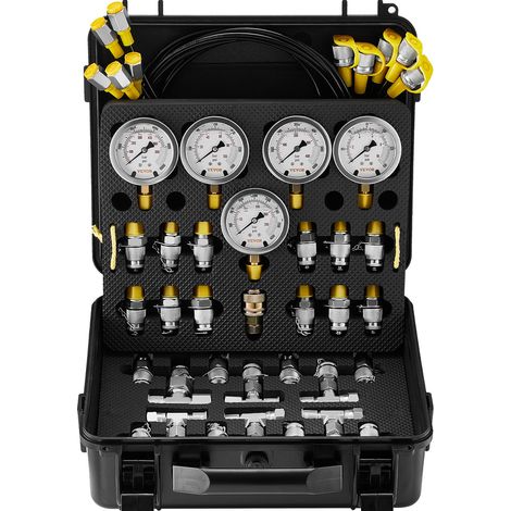 Kit de Test de Pression Hydraulique, 10/100/250/400/600 bars, 5 Manomètres, 13 Raccords, 14 Connecteurs en T, 5 Tuyaux, Jauge avec Étui de Transport pour Excavatrices Machines de Construction (1/5)