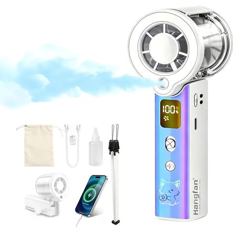 4-en-1 Ventilateur Brumisateur Portable, Pliable, USB-C, Écran LED  Compact et léger (190 g), finition IML/camping et concerts / brume ultrafine, 100 vitesses /Lumières LED et batterie externe (1/5)