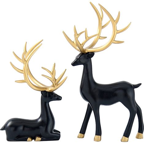 Statue De Renne - Résine Dorée - Décoration Intérieure Pour Salon Bureau Table Buffet - Lot De 2 (1/4)