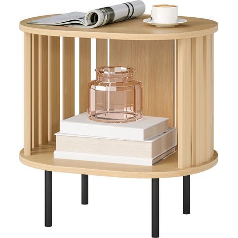 Table d'appoint ovale bout de canapé rangement ouvert pieds en acier design lattes 50x39x50cm bois naturel (1/5)