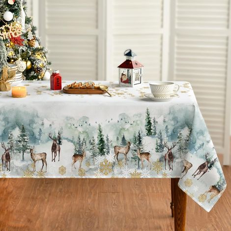 Nappe Noël Artoid Mode 140 x 100 cm, Motifs Flocons Dorés, Sapins, Rennes et Oiseaux d'Hiver, Linge de Table Protection Anti-Tache pour Cuisine et Fête (1/5)