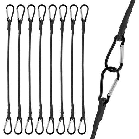 Cordes élastiques avec mousquetons, lot de 8, 25 cm, idéales pour le camping, les bâches, les tentes, les bagages, les voitures et les motos.