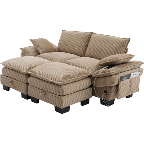 Canapé 2 places modulaire en velours côtelé khaki avec 2 hockers, assise large ergonomique, ports USB-C et poches latérales, pour salon ou bureau  CHICFURN (1/5)