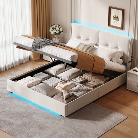lit coffre double160 x 200cm, lit 160x200 avec Sommier et coffre, LED réglable, Lit Capitonné avec levier hydraulique, velours Beige (1/5)