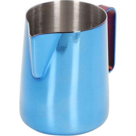 Pitcher à lait 350ml en acier inoxydable 304, bec verseur anti-gouttes et échelle graduée, idéal pour mousser le lait, couleur bleu titane