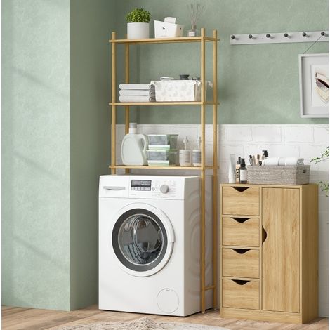 Étagère WC en bambou naturel style sobre, 3 tablettes aérées, gain de place au-dessus des toilettes 69 x 25,5 x 181 cm (1/5)