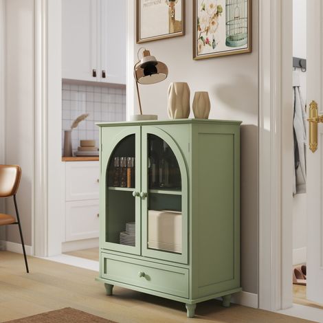 Buffet bas vaisselier meuble de rangement 1 tiroir, portes vitrées cintrées vert menthe, pour cuisine et salon (1/5)