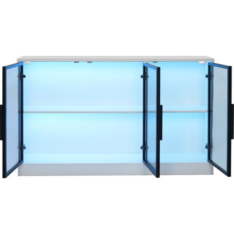 Vitrine en verre avec éclairage LED, 120 x 30 x 73 cm, blanc avec portes en verre gris (1/5)