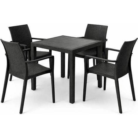 Set Tavolo e 4 Sedie in plastica rigida da Giardino Antracite Effetto Rattan con Braccioli - Tavolo Quadrato 79x79 in Polipropilene per Esterno (1/5)