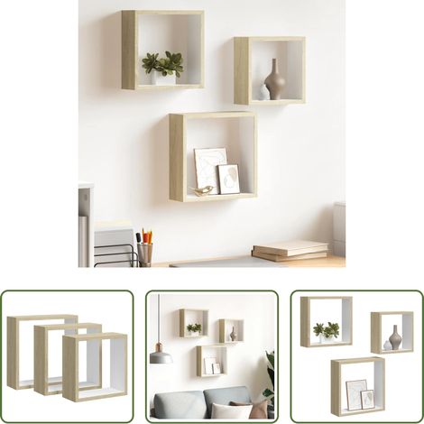 Étagères suspendues - Étagères murales sous forme de cube 3 pcs Blanc et chêne sonoma (1/5)