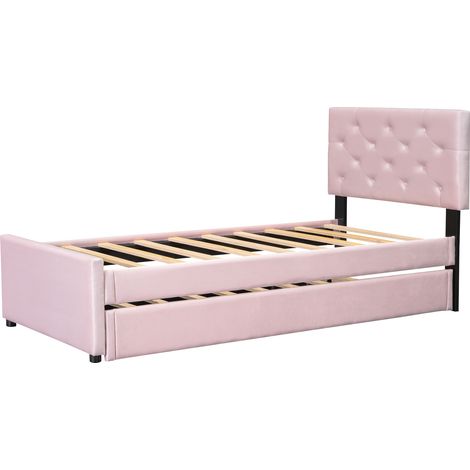 Lit capitonné 90x200 cm en velours rose avec sommier à lattes et lit gigogne, sans matelas, HOMVRA (1/5)