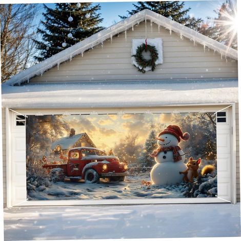 Couverture de Porte de Garage Noël 210480cm fête des Vacances Banner d'hiver Camion Rouge Suspendu Porte Garage (1/5)
