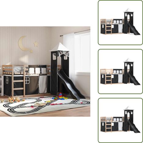 Cama con barandillas - vidaXL Litera con tobogán y cortinas blanco y negro 80x200 cm - Cama de madera