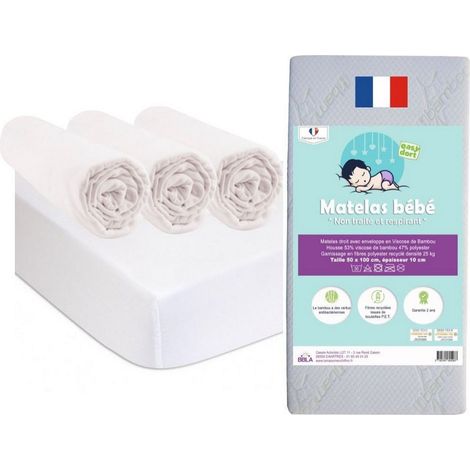 Matelas 50x100 + 3 Draps housse + 2 Alèses Coton Blanc (1/4)