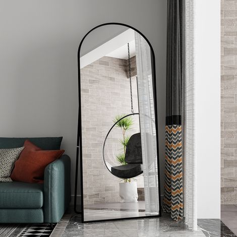 Miroir sur pied, 180x80cm, Miroir en pied arqué, Miroir pleine longueur, Cadre en alliage d'aluminium, verre trempé, Noir