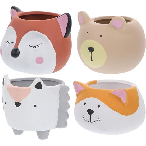 4 pièces Pots de Fleurs Céramique Animaux Mignons Lot de Jardinières Cartoon Décoration Chic pour Plantes et Maison (1/5)