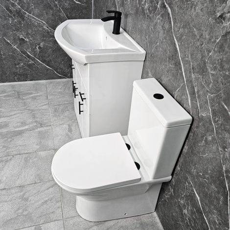 White Vanity Unit with Black Handles 750mm Closed Back Toilet Bathroom Suite, Without Tap & Waste
