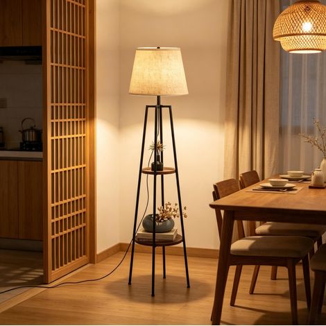 Lámpara de pie trípode con 2 estantes MDF y metal E27 166 cm OKWISH (1/5)