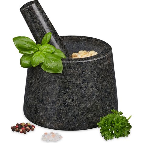 Relaxdays Mortaio e Pestello, in Granito, Robusto, Erbe Aromatiche e Spezie, in Pietra Lucida, D: 13,5 cm, Grigio Scuro (1/5)