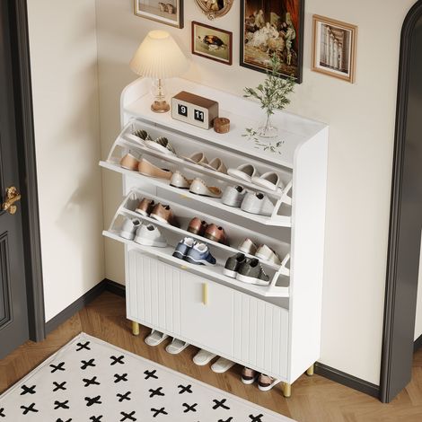 Zapateros 3 puertas, 80x23x123,5 cm, diseño abatible, MDF, blanco, 1 pieza (1/5)