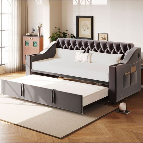 Letto imbottito 90x190 cm grigio in velluto con rete a doghe e USB (1/5)