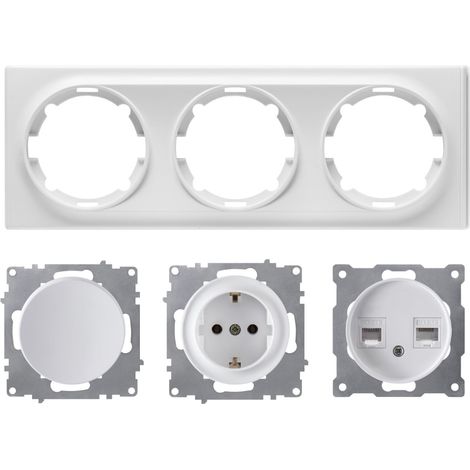 Plaque de finition 3 postes – 1 prise avec terre – 1 interrupteur simple – 1 prise RJ45 – Surface mate en polycarbonate – Blanc – Warm-On