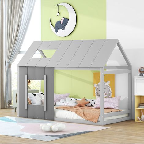 Lit enfant cabane moderne 90x200 cm en pin et MDF gris, avec toit, fenêtre et sommier à lattes (1/5)