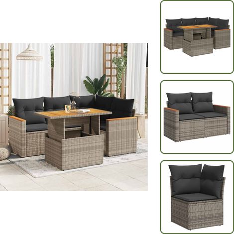 The Living Store 5-tlg. Garten-Sofagarnitur mit Kissen Grau Poly Rattan Akazie - Gartentisch (1/5)