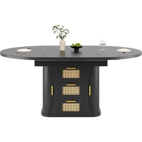 ELVMI Tavolo da pranzo allungabile con 2 cassetti effetto rattan e contenitore, in MDF e metallo, nero (1/5)