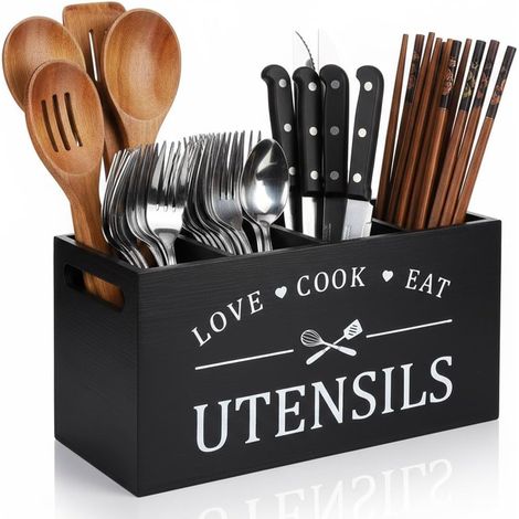 Kitchen Utensil Holder Wooden Utensil Holder Kitchen Utensil Organizer with 4 Compartments and Drainage Bottom, Multifunctional Cutlery Organizer for Knives Forks (1/5)