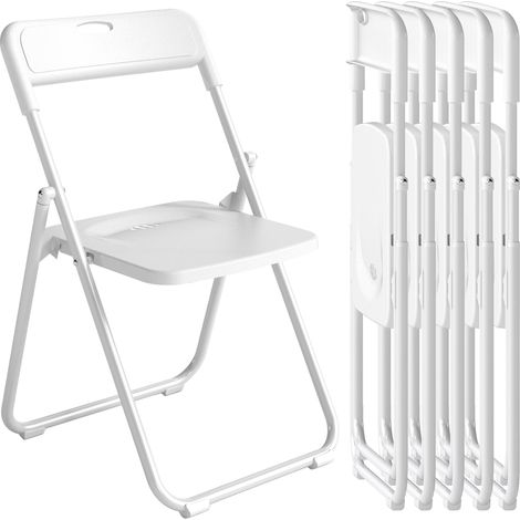 Ensemble de 6 chaises pliantes en plastique blanc, dossier incurvé et aérées, structure en acier, 48,5 x 47 x 75 cm. (1/5)