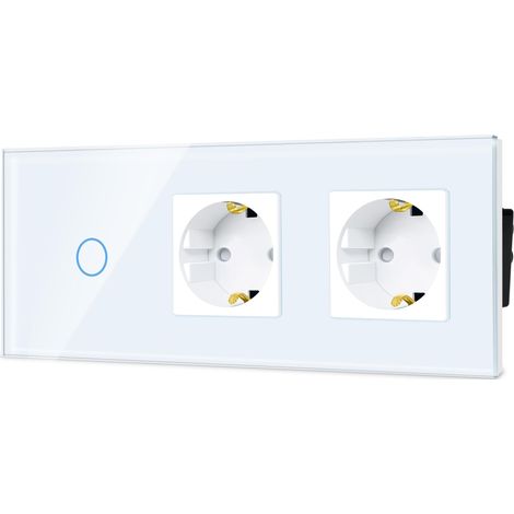Interrupteur d'éclairage normal avec prise standard UE 2 prises 1 compartiment 1 voie - Interrupteur tactile - Panneau en verre - 86 x 228 mm - Blanc (1/5)