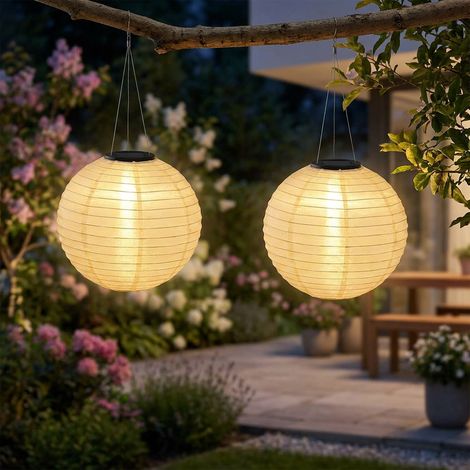 Solarlampe Lampion Außenleuchte LED Hängelampe Gartenleuchte sandfarben  Außenlampe Pendelleuchte, Edelstahl Kunststoff, warmweiß, DxH 30x 55 cm, 2er Set
