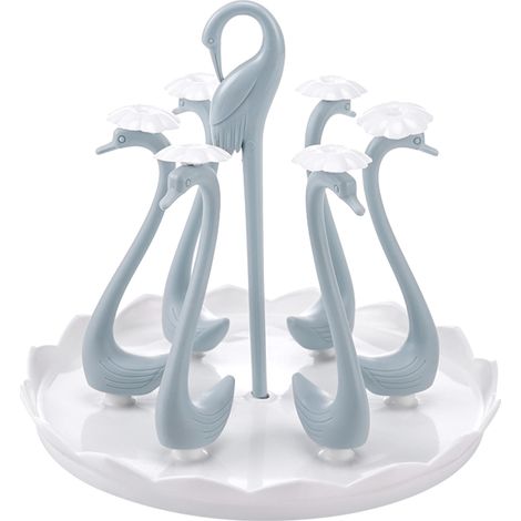 Swan Cup Holder with Rotating Drip Tray Plastic Rotatable Drinking Cup Drainer Stand Rack for Home Kitchen Blue 6 Heads