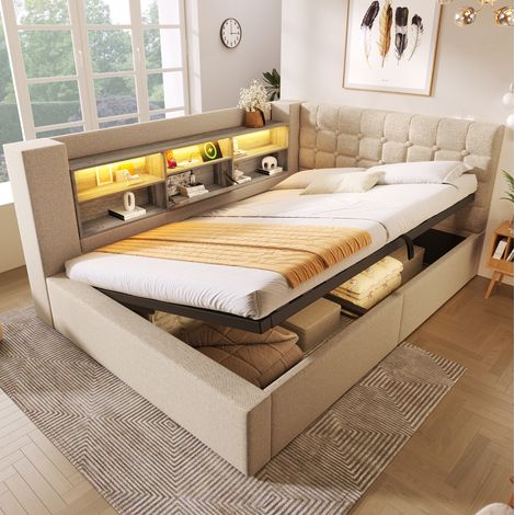 Doppelbett 140x190 cm aus beigem Leinen mit LED und Stauraum, ohne Matratze – MEUBLIV (1/5)