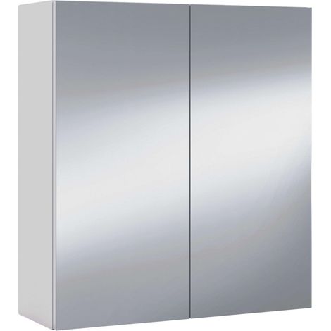 Meuble Caberino 2 Portes pour Salle de Bain, Module avec Miroir et étagères, Finition Blanc Brillant, Dimensions : 60 x 65 x 21 cm (l x H x P). (1/4)