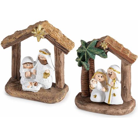 Statuine Presepe Sacra Famiglia realizzate in resina colorata, da appoggiare, set da 6 pezzi, cm 7 x 2,5 x 7 H