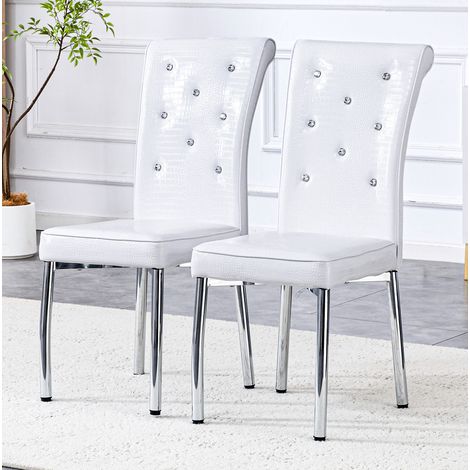 Lot de 2 chaises de salle à manger en PVC blanc, dossier capitonné, pieds métal (1/5)