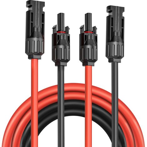 Câble solaire 4/6 mm²/rallonge 1 m/2 m/3 m/4 m/5 m/6 m/8 m/10 m/15 m/20 m – Résistant aux UV, avec fiches solaires, pour installations photovoltaïques (rouge/noir) (4 mm²/15 m) (1/5)