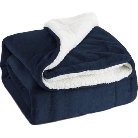 TH Couverture Polaire Sherpa Bleu Marin 130x160cm - Couverture de Lit Double Face Douce et Chaude Plaid Jeté de Canapé Flanelle (1/4)