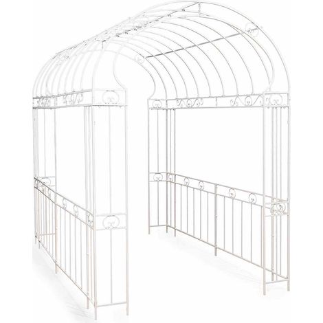 Gazebi in metallo bianco con struttura decorata sui lati e tetto ad arco. Aperto su due lati, m 1,8 x 2,8 x 2,55 H