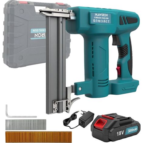 Chiodatrice a Batteria, Pistola Sparachiodi Elettrica Calibro con 1 Batterie da 3,0Ah e 1000 Pezzi di Chiodi e Graffette, Profondità di Inchiodatura Regolabile (1/5)