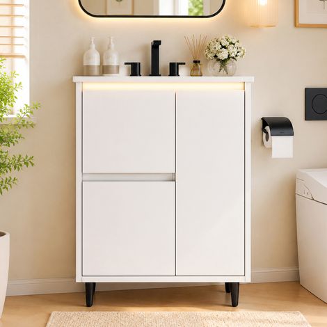 Meuble vasque 61x46,5x87 cm en MDF et céramique blanc, avec rangement pour salle de bain FloraGrace (1/5)