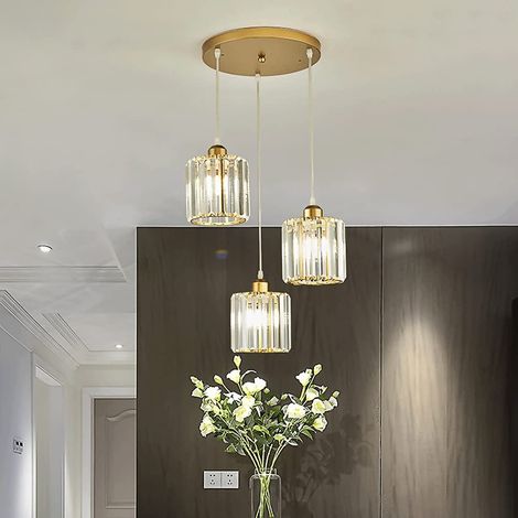 Lustre moderne en cristal – Suspension linéaire réglable – Design rond à 3 lumières – Finition dorée – Ampoules non incluses – 220 V – Culot E27 (1/4)