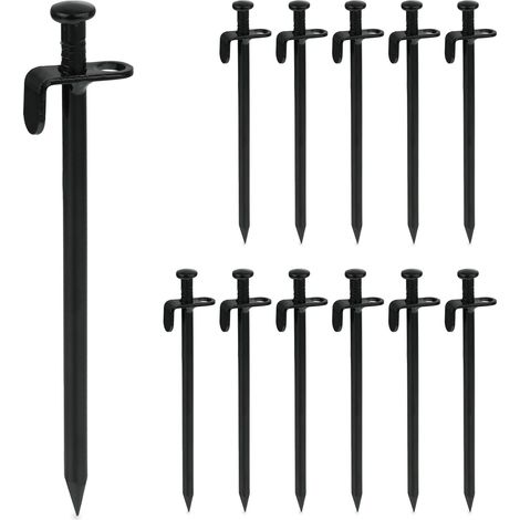 Relaxdays Tent Pegs Set of 12, Ground Anchor for Hard Soil, Camping, Stainless Steel, Hook, Set, HxWxD 20x4x1.5cm, Black