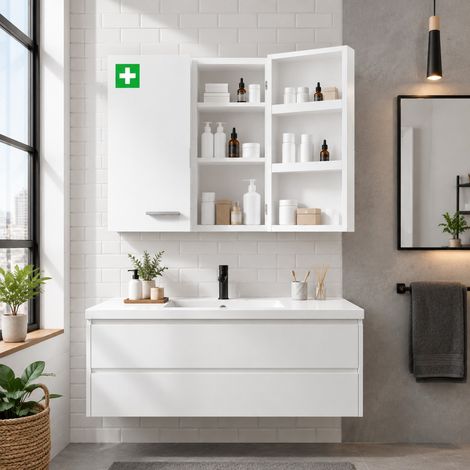 Armario de botiquín de pared de 2 puertas con 6 estantes, acero blanco 55 x 18 x 60 cm DESVIAE (1/5)