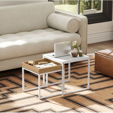 Set di 2 tavolini da salotto 45x45x45 cm e 40x40x40 cm, con vassoio rimovibile, acciaio, bianco (1/5)